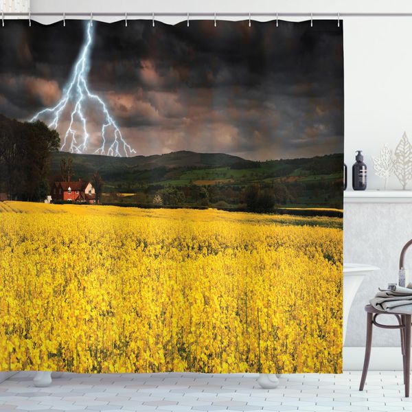 Abakuhaus Tenda Da Doccia Naturale, Temporale Sul Prato, Acqua Opaca, Incl. 12 Anelli, Resistente A Batteri E Muffe, 175 X 200 Cm, Giallo Verde Viola-image