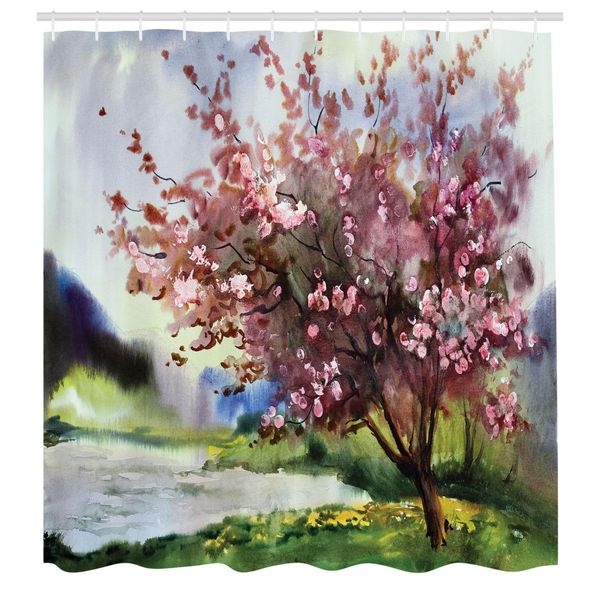 Abakuhaus Tenda Da Doccia Land, Dipinto Di Primavera, Paesaggio Fiorito, Natura Rigogliosa E Erba Fresca, Set Decorativo Per Bagno In Tessuto Con Ganci, 175X240 Cm, Verde Rosa-image