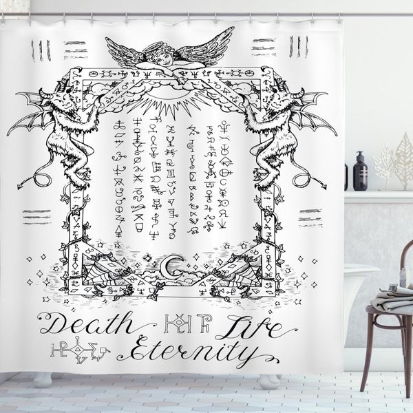Abakuhaus Tenda Da Doccia Bianca, Gothic Medieval Magic, Impermeabile, Inclusi 12 Anelli, Resistente A Batteri E Muffe, 175 X 240 Cm, Bianco E Nero-image