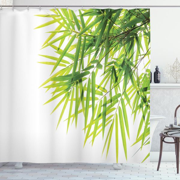 Abakuhaus Tenda Da Doccia Verde, Foglia Di Bambù, Opaca, Incl. 12 Anelli, Resistente A Batteri E Muffe, 175 X 240 Cm, Verde Bianco-image
