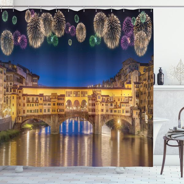 Abakuhaus Tenda Da Doccia Con Vista Sulla Città, Panorama Notturno, Opaca, Incluse 12 Anelle, Resistente A Batteri E Muffe, 175 X 240 Cm, Giallo, Blu Navy, Viola-image