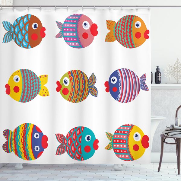 Abakuhaus Tenda Da Doccia Divertente, Famiglia Di Pesci Folcloristici, Opaca, Incl. 12 Anelli, Resistente A Batteri E Muffe, 175 X 200 Cm, Multicolore-image