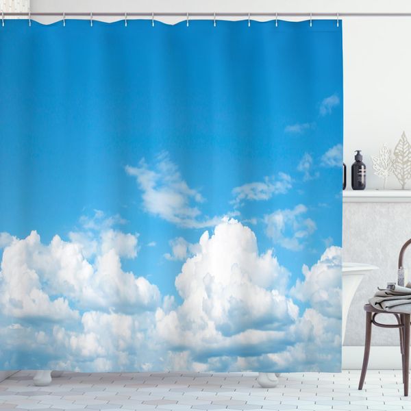 Abakuhaus Tenda Da Doccia Blu E Bianca, Scena Rilassante Con Nuvole, Opaca, Incl. 12 Anelli, Resistente A Batteri E Muffe, 175 X 200 Cm, Blu E Bianca-image
