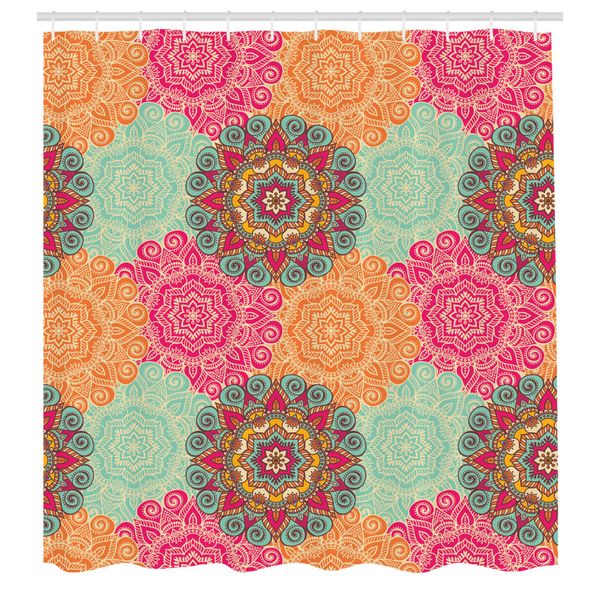 Abakuhaus Tenda Da Doccia Mandala, Motivi Mandala Antichi Cerchi In Colori Vintage Ornamenti Tribali Nativi, Tessuto Set Decorativo Per Bagno Con Ganci, 175X200 Cm, Fucsia Arancione-image