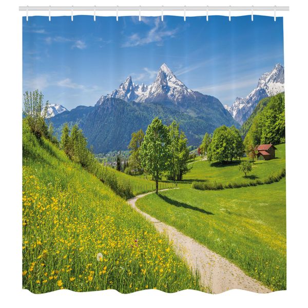 Abakuhaus Tenda Da Doccia Con Paesaggio, Fiori Selvatici Nelle Alpi E Nella Baviera Innevata, Germania G, Tessuto Set Decorativo Per Bagno Con Ganci, 175X220 Cm, Giallo Verde-image