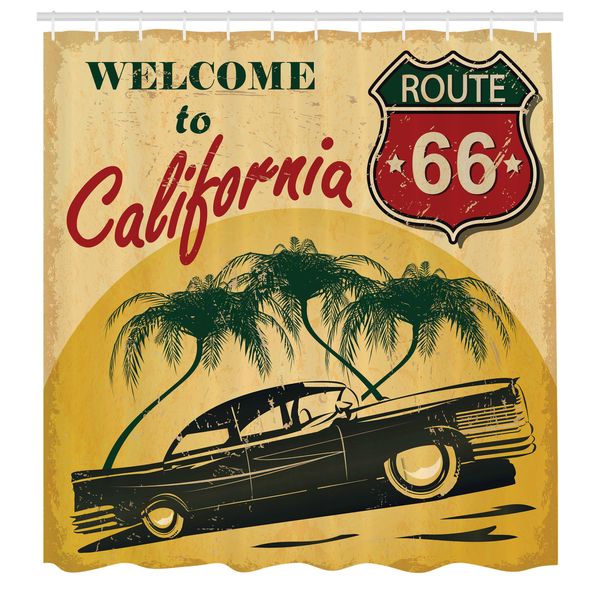 Abakuhaus Tenda Da Doccia Retrò, Stampa Pubblicitaria Retrò Welcome To California Di Hollywood In Stile Pop Art, Set Decorativo Per Bagno In Tessuto Con Ganci, 175X200 Cm, Verde Smeraldo Rosso-image