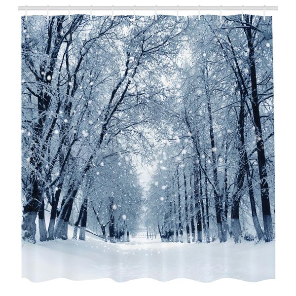 Abakuhaus Tenda Da Doccia Bosco, Alberi Innevati Nel Bosco Verso Sera Nel Bosco Paesaggistico Foto, Tessuto Set Decorativo Per Bagno Con Ganci, 175X240 Cm, Bianco Grigio Nero-image