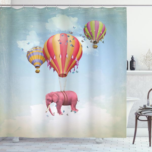 Abakuhaus Tenda Da Doccia Colorata, Pink Elephant In Sky, Impermeabile, Inclusi 12 Anelli, Resistente A Batteri E Muffe, 175 X 240 Cm, Multicolore-image