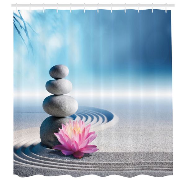 Abakuhaus Tenda Da Doccia Spa, Pietre E Fiori Di Loto Su Sabbia Meditazione Armonia Equilibrio Fiorisci Il Tuo Spirito, Tessuto Set Decorativo Per Bagno Con Ganci, 175X200 Cm, Blu Grigio Rosa-image