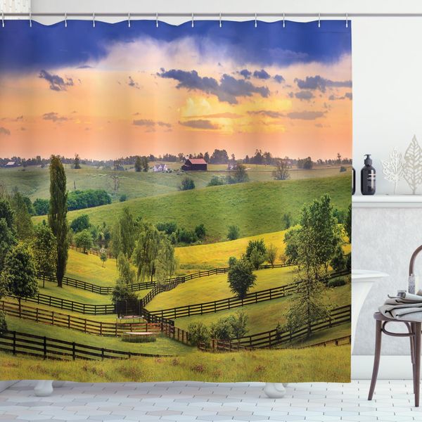 Abakuhaus Tenda Da Doccia Paesaggio, Paese Surreale, Acqua Opaca, Incl. 12 Anelli, Resistente A Batteri E Muffe, 175 X 240 Cm, Verde Blu Arancione-image