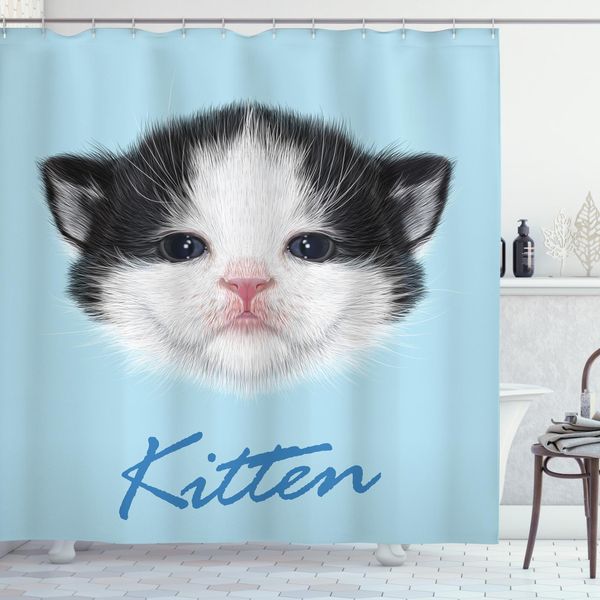 Abakuhaus Tenda Da Doccia Con Caricatura, Gattino Rosa Con Naso Peloso, Resistente Ai Batteri E Alla Muffa, Incl. 12 Ganci Lavabile Elegante Stampa Digitale, 175 X 180 Cm, Bianco-Nero-Blu-image