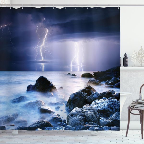 Abakuhaus Tenda Da Doccia Naturale, Tempesta Mistica Sulla Costa Rocciosa, Resistente A Sapone, Batteri, Muffa E Acqua, Incl. 12 Ganci E Colori Resistenti, 175 X 180 Cm, Grigio Viola-image