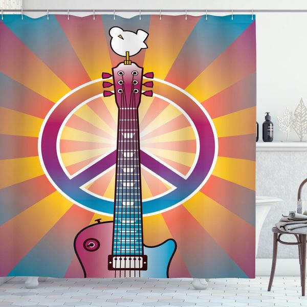 Abakuhaus Tenda Da Doccia Hippie, Peace Con Chitarra, Opaca, Incl. 12 Anelli, Resistente A Batteri E Muffa, 175 X 240 Cm, Multicolore-image