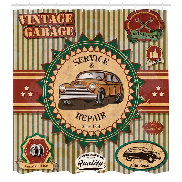 Abakuhaus Tenda Da Doccia Retrò, Collezione Di Adesivi Retrò Vintage Con Auto Dai Colori Tenui Anni Sessanta Ironia Pop Art, Set Decorativo Per Bagno In Tessuto Con Ganci, 175X240 Cm, Crema Verde Rosso-image