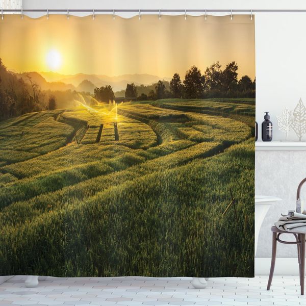 Abakuhaus Tenda Da Doccia Naturale, Barley Woods Tramonto, Acqua Opaca Incl. 12 Anelli Lunga Durata Resistente A Batteri E Muffe, 175 X 240 Cm, Verde Giallo-image