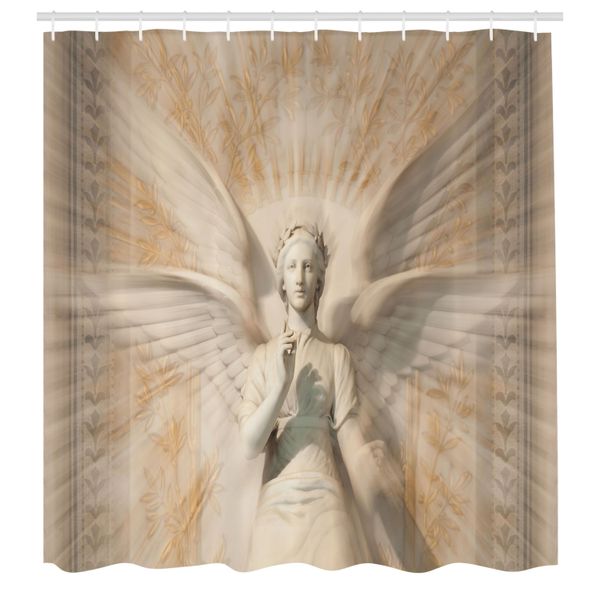 Abakuhaus Tenda Da Doccia Retrò, Statua Di Angelo Donna In Cattedrali Medievali, Interpretazione Artistica, Tessuto Set Decorativo Per Bagno Con Ganci, 175X240 Cm, Giallo Bianco-image