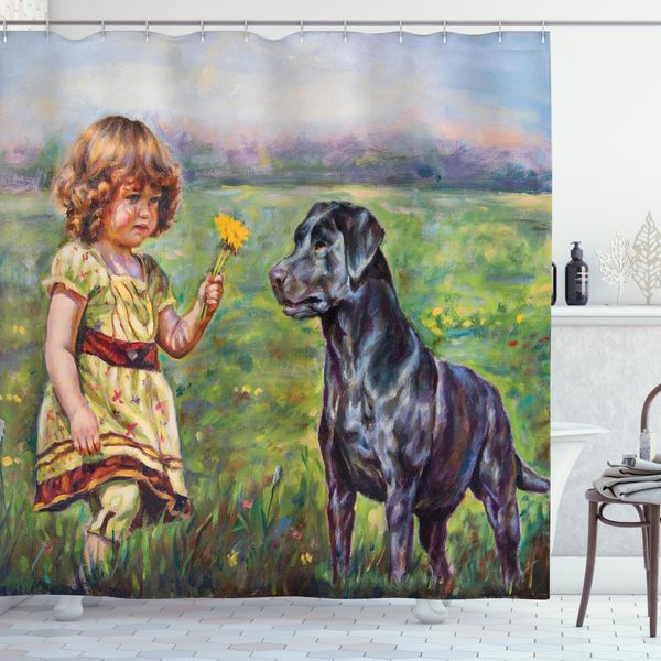Abakuhaus Tenda Da Doccia Land, Cane Fiorito Con Una Ragazza, Resistente Alle Muffe E Ai Batteri, Incl. 12 Ganci Lavabile Elegante Stampa Digitale, 175 X 180 Cm, Multi-image