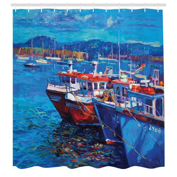 Abakuhaus Tenda Da Doccia Country, Barche A Vela Navi Sulla Riva Porto Attraverso Il Mare Piccola Città Rurale Di Pescatori Grafica, Tessuto Set Decorativo Per Bagno Con Ganci, 175X220 Cm, Blu Navy Rosso-image