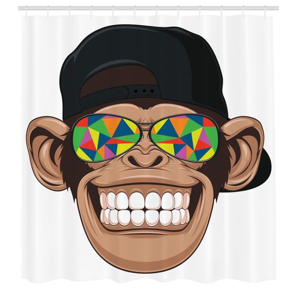 Abakuhaus Tenda Da Doccia Con Caricatura, Divertente Scimmia Hipster Con Occhiali Da Sole Colorati E Cappello, Scimmia Hippie Rapper, Set Decorativo Per Bagno In Tessuto Con Ganci, 175X220 Cm, Marrone, Nero E Bianco-image