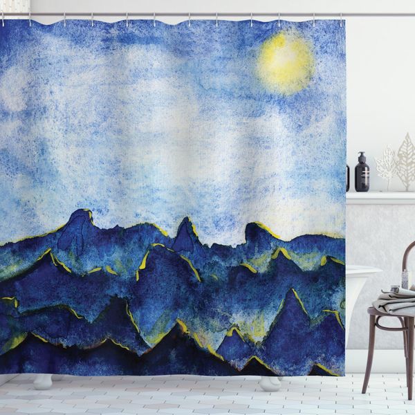 Abakuhaus Tenda Da Doccia Paesaggio, Colline, Fate, Cielo, Nuvole, Acqua, Opaca, Incl. 12 Anelli, Resistente A Batteri E Muffe, 175 X 220 Cm, Giallo-Blu-image