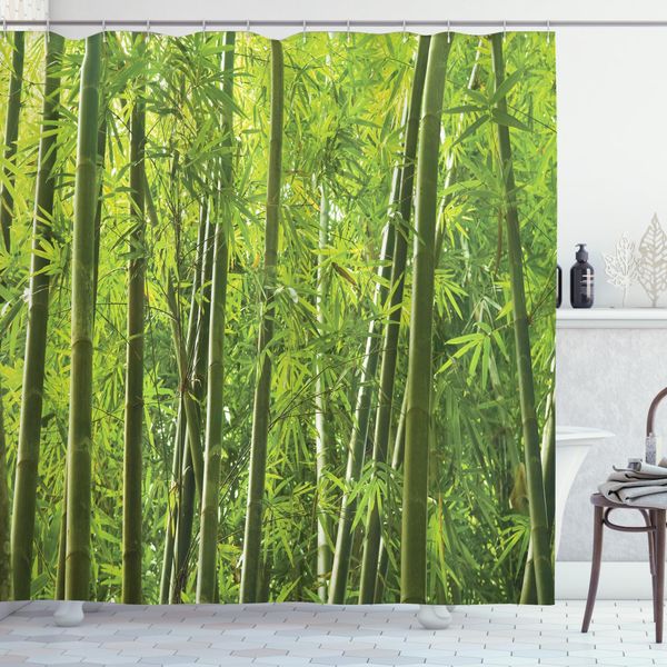 Abakuhaus Tenda Da Doccia Verde, Bambù Tropicale Esotico, Impermeabile, Inclusi 12 Anelli, Resistente A Batteri E Muffe, 175 X 200 Cm, Verde-image