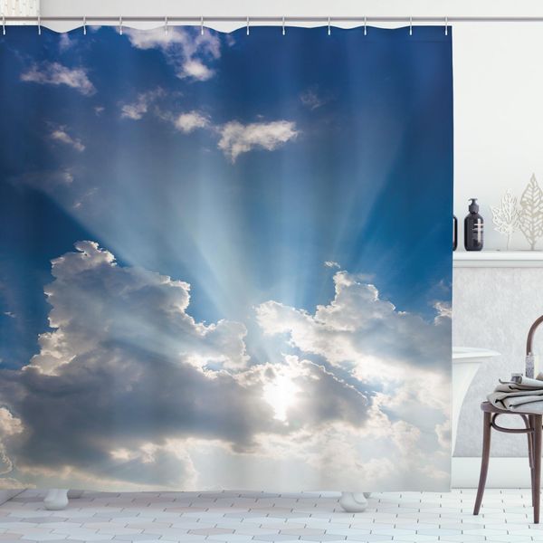 Abakuhaus Tenda Da Doccia Paesaggio, Nuvole Sunny Day Sky, Acqua Opaca Incl. 12 Anelli Resistente A Batteri E Muffe, 175 X 200 Cm, Blu Bianco-image