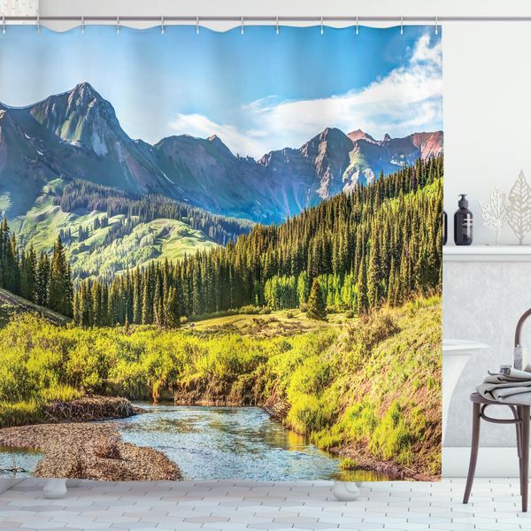 Abakuhaus Tenda Da Doccia Paesaggio, Montagna Foresta Fiume, Acqua Opaca Incl. 12 Anelli Resistente A Batteri E Muffe, 175 X 240 Cm, Multicolore-image
