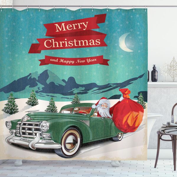 Abakuhaus Tenda Da Doccia Natalizia, Pupazzo Di Neve E Albero, Impermeabile, Incl. 12 Anelli, Resistente A Batteri E Muffe, 175 X 200 Cm, Blu Verde-image