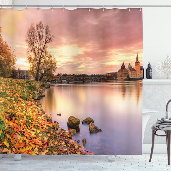 Abakuhaus Tenda Da Doccia Paesaggistica, Praga Riverside Autunno, Resistente A Batteri E Muffe, Incl. 12 Ganci Lavabile Elegante Stampa Digitale, 175 X 220 Cm, Rosa Arancione-image