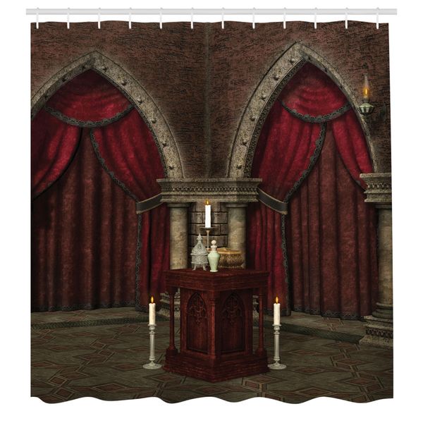 Abakuhaus Tenda Da Doccia Gotica, Misteriosa Stanza Buia Nel Castello, Antiche Colonne, Candele, Atmosfera Spirituale, Tessuto, Set Decorativo Per Bagno Con Ganci, 175X240 Cm, Nero E Rosso-image
