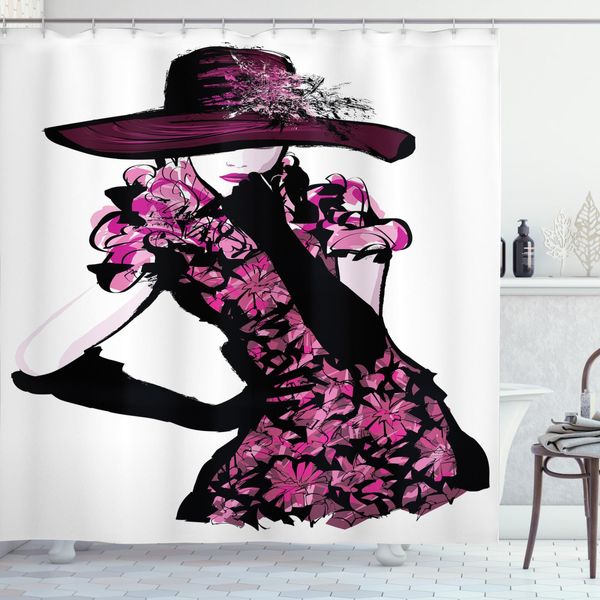 Abakuhaus Tenda Da Doccia Alla Moda, Passerella Femminile, Impermeabile, Incl. 12 Anelli, Resistente A Batteri E Muffe, 175 X 200 Cm, Bianco E Nero-image