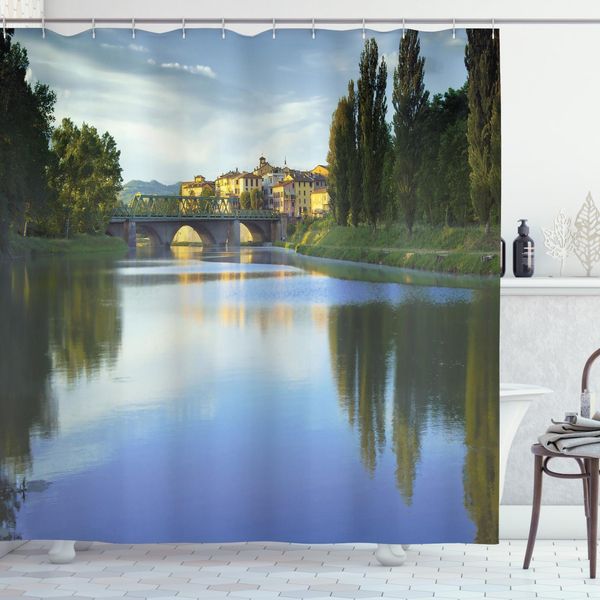 Abakuhaus Tenda Da Doccia Naturale, Ponte Sul Fiume, Alberi, Acqua, Opaca, Incl. 12 Anelli, Resistente A Batteri E Muffe, 175 X 240 Cm, Verde Blu-image