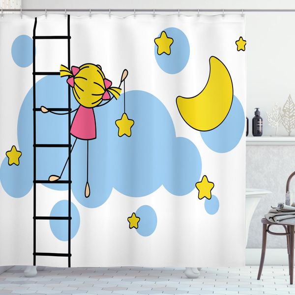 Abakuhaus Tenda Da Doccia Con Caricatura, Ragazza Ladder Con Stella, Opaca, Incl. 12 Anelli, Resistente A Batteri E Muffa, 175 X 240 Cm, Giallo/Blu-image