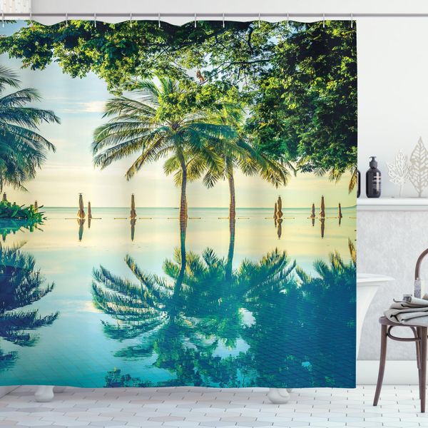 Abakuhaus Tenda Da Doccia Paesaggistica, Piscina, Spiaggia, Acqua, Opaca, Incl. 12 Anelli, Resistente A Batteri E Muffe, 175 X 200 Cm, Verde Blu-image