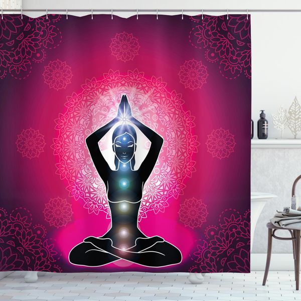 Abakuhaus Tenda Da Doccia Chakra, Meditazione Yoga Marrone Castagna, Stampa Digitale Su Tessuto, Incl. 12 Ganci, Resistente Al Lavaggio, Impermeabile, Resistente Ai Batteri, 175 X 180 Cm, Rosa E Nero-image