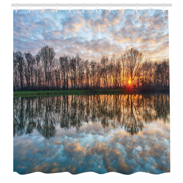 Abakuhaus Tenda Da Doccia Paesaggio, Tramonto Magico Sul Lago Con Riflessi Sull'orizzonte Sopra La Foresta Boho, Tessuto Set Decorativo Per Bagno Con Ganci, 175X240 Cm, Multicolore-image