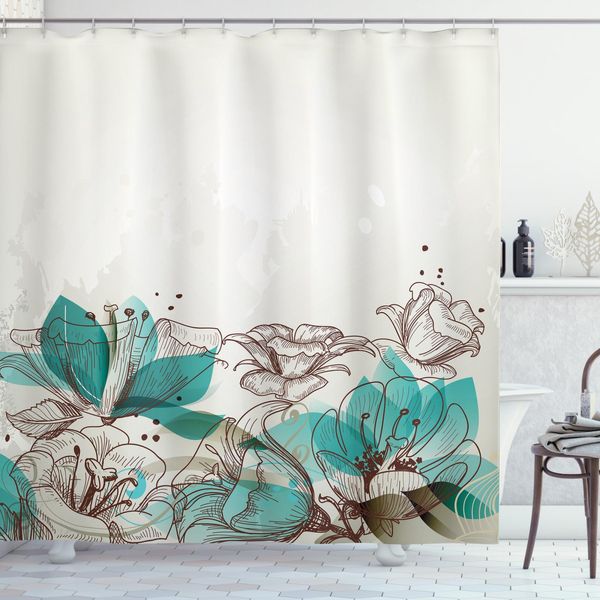 Abakuhaus Tenda Da Doccia Turchese, Arte Retrò Hibiscus, Impermeabile, Incl. 12 Anelli, Resistente A Batteri E Muffe, 175 X 220 Cm, Beige Teal-image