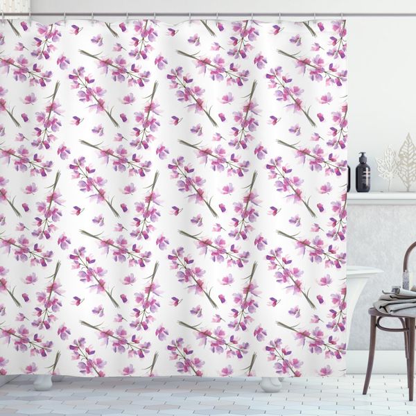 Abakuhaus Tenda Da Doccia Viola, Fiori Che Sbocciano Nella Natura, Impermeabile, Incluse 12 Anelle, Resistente A Batteri E Muffe, 175 X 240 Cm, Viola Verde-image