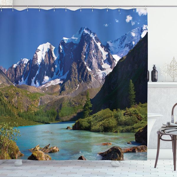Abakuhaus Tenda Da Doccia Paesaggio, Mountain River Wolken, Stampa Digitale Moderna Con 12 Ganci Su Tessuto Resistente All'acqua E Ai Batteri, 175 X 220 Cm, Blu-Verde-Bianco-Grigio-image