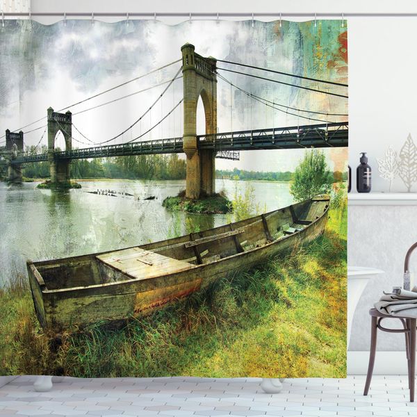 Abakuhaus Tenda Da Doccia Vintage, Ponte E Vecchia Barca, Acqua Opaca, Incl. 12 Anelli, Resistente A Batteri E Muffe, 175 X 240 Cm, Verde Grigio-image