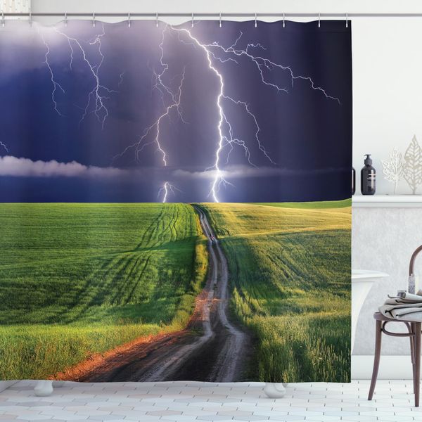 Abakuhaus Tenda Da Doccia Estiva, Solar Energy Storm Field, Opaca All'acqua, Incl. 12 Anelli, Resistente A Batteri E Muffe, 175 X 200 Cm, Verde Blu-image