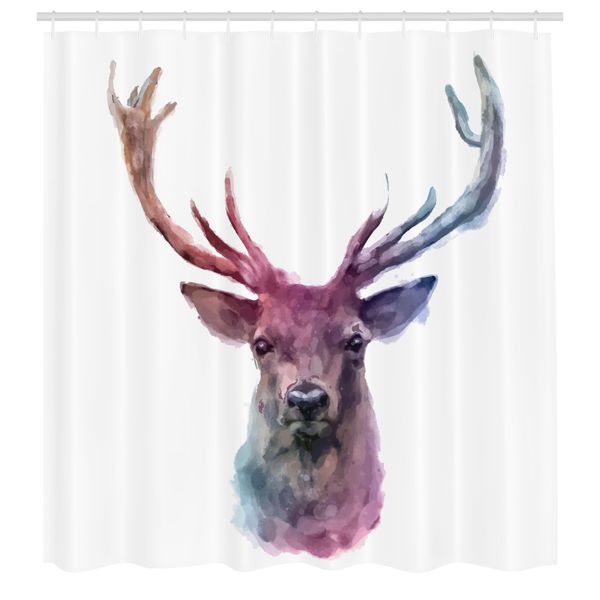 Abakuhaus Tenda Da Doccia Con Illustrazione Di Cervo Maschio, Colori Tenui E Delicati, Corna, Animali, Natura, Stampa Artistica, Tessuto, Set Decorativo Per Bagno Con Ganci, 175X240 Cm, Viola Rosa-image