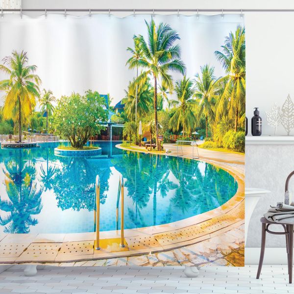 Abakuhaus Tenda Da Doccia Paesaggio, Pool Resort Travel, Impermeabile, Inclusi 12 Anelli, Resistente A Batteri E Muffe, 175 X 240 Cm, Crema Verde Blu-image
