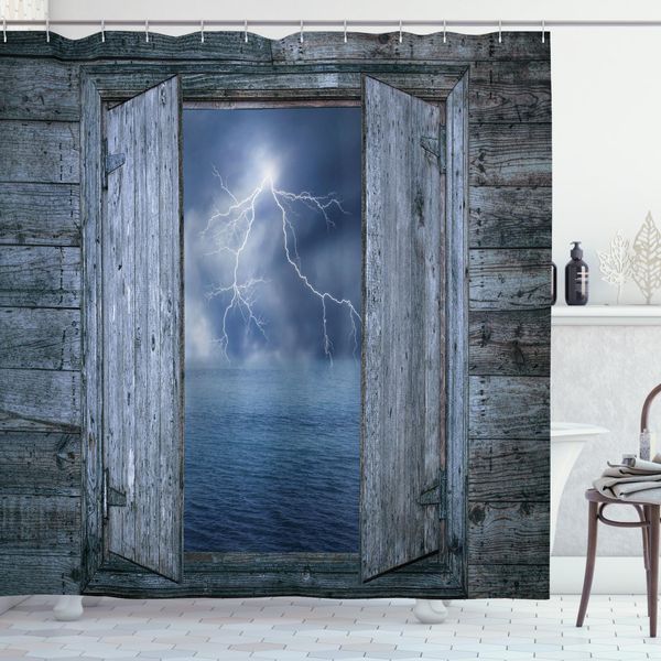 Abakuhaus Tenda Da Doccia Ocean, Thunderbolt Di Notte, Opaca All'acqua, Incl. 12 Anelli, Resistente A Batteri E Muffe, 175 X 200 Cm, Blu Grigio-image