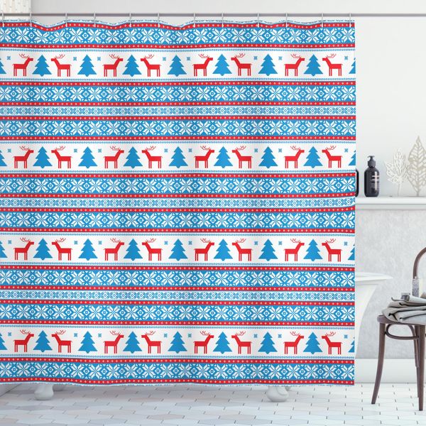 Abakuhaus Tenda Da Doccia Natalizia, Folk Knit Art-Kunst, Impermeabile, Inclusi 12 Anelli, Resistente A Batteri E Muffe, 175 X 240 Cm, Blu Rosso-image
