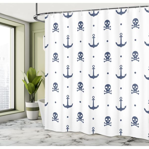Abakuhaus Tenda Da Doccia Con Ancore, Ancore E Teschi, Ossa Incrociate, Pirati, Horror, Paura, Marinaio, Illustrazioni Artistiche, Tessuto, Set Decorativo Per Bagno Con Ganci, 175X220 Cm, Blu Navy-image