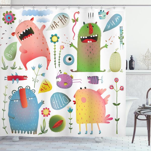 Abakuhaus Tenda Da Doccia Divertente, Imaginary Creatures Fun, Opaca All'acqua, Incl. 12 Anelli, Resistente A Batteri E Muffe, 175 X 200 Cm, Verde Blu-image