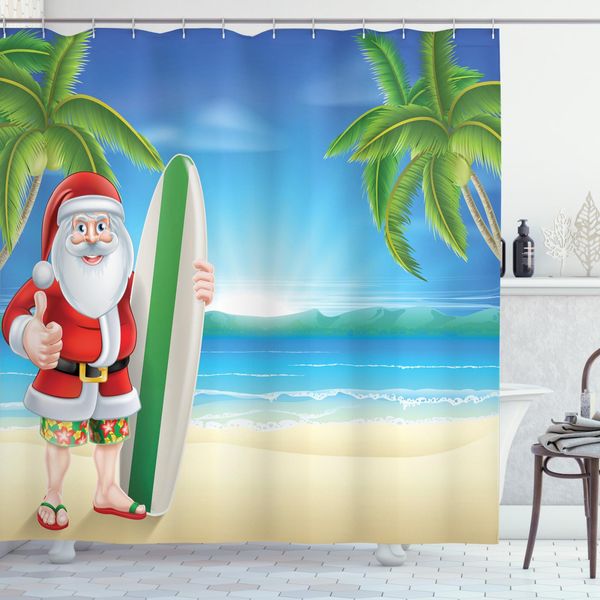 Abakuhaus Tenda Da Doccia Natalizia, Babbo Natale Con Tavola Da Surf, Opaca, Incl. 12 Anelli, Resistente A Batteri E Muffe, 175 X 240 Cm, Blu Verde-image