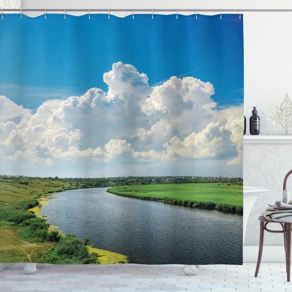 Abakuhaus Tenda Da Doccia Paesaggio, Nuvole Fiume Prati, Acqua Opaca Incl. 12 Anelli Resistente A Batteri E Muffe, 175 X 200 Cm, Verde Bianco Blu-image
