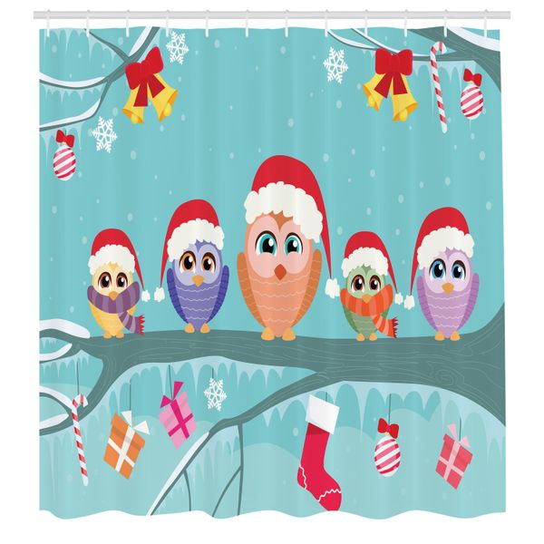 Abakuhaus Tenda Da Doccia Natalizia, Simpatica Famiglia Di Gufi Seduti Su Un Ramo Come Piccoli Elfi Noel Animal Design, Set Decorativo Per Bagno In Tessuto Con Ganci, 175X200 Cm, Multicolore-image